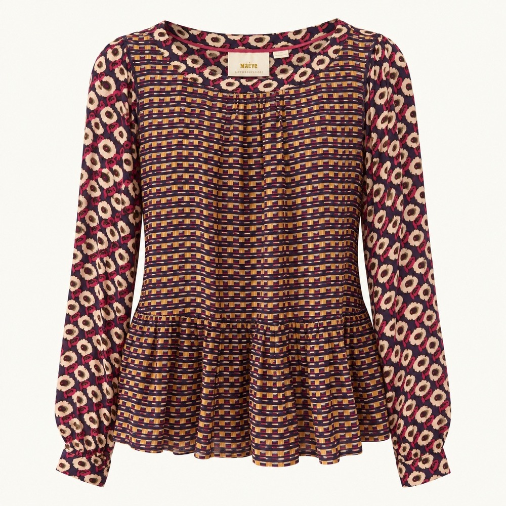 Maeve‎ Anthropologie Blouse Size M Cheyenne Peplum Geometric Print Artsy Boho